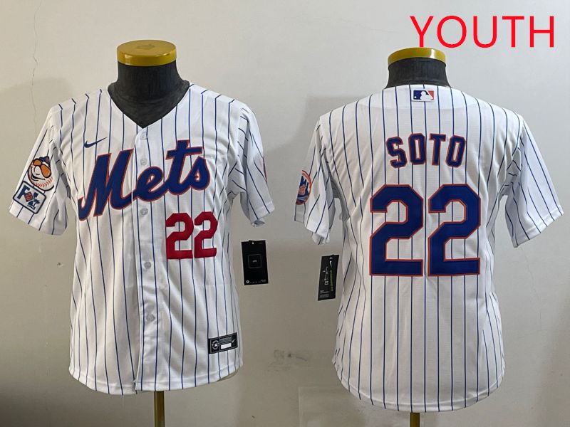 Youth New York Mets 22 Soto White Stirpe Game Fashion 2025 Nike MLB Jersey style 1